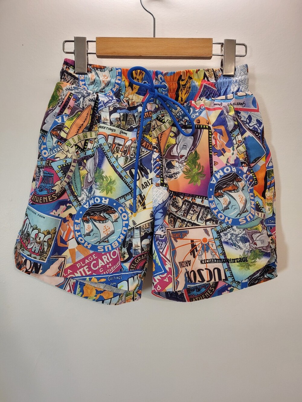 Reclaimed Vintage Multicolor Graphic Travel Patchwork Unisex Swim Trunks - Xs